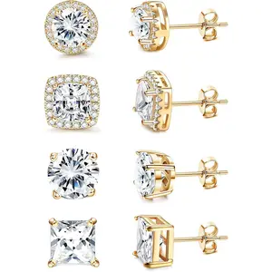 Cubic Zirconia Stud Earrings for Women Men |   18K Gold Plated Hypoallergenic Sterling Silver Post Earrings |   Big Brilliant Simulated Diamond CZ Halo Stud Earrings for Sensitive Ears