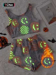 Women's Halloween Flannel Pajama Set, Loungewear, Glowing Pumpkin & Ghost Print Tank Top & Elastic Waist Shorts, Winter Nightwear