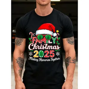 Men'S & Women'S Matching Christmas 2025 Family T-Shirts - 100% Crew Neck Short Sleeve Tee with Santa Hat & Snowflake Print Casual Crewneck
