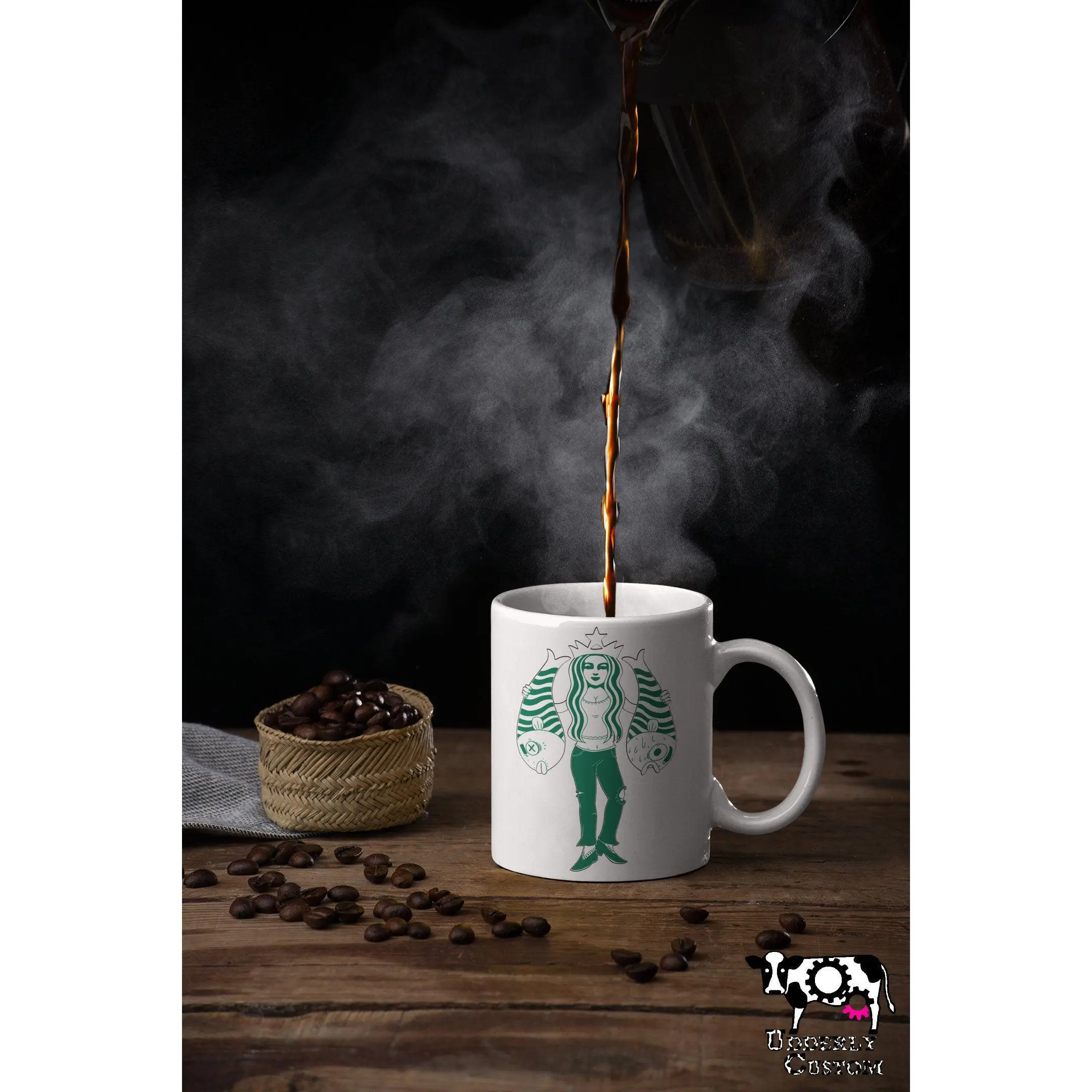 Parody Starbucks Design 1 or 2 sided Coffee Mug 11 oz 15 ounce - Good Coffee, Mermaid, Seattle, Pike Place Market, Green