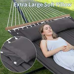 Dark Grey 57" Double Hammock with Carry Bag, 2 Person Hammock with Heavy Duty Metal Stand, Cotton Fabric, Widening Design, 450 LBS Weight Capacity, Suitable for Indoor Outdoor
