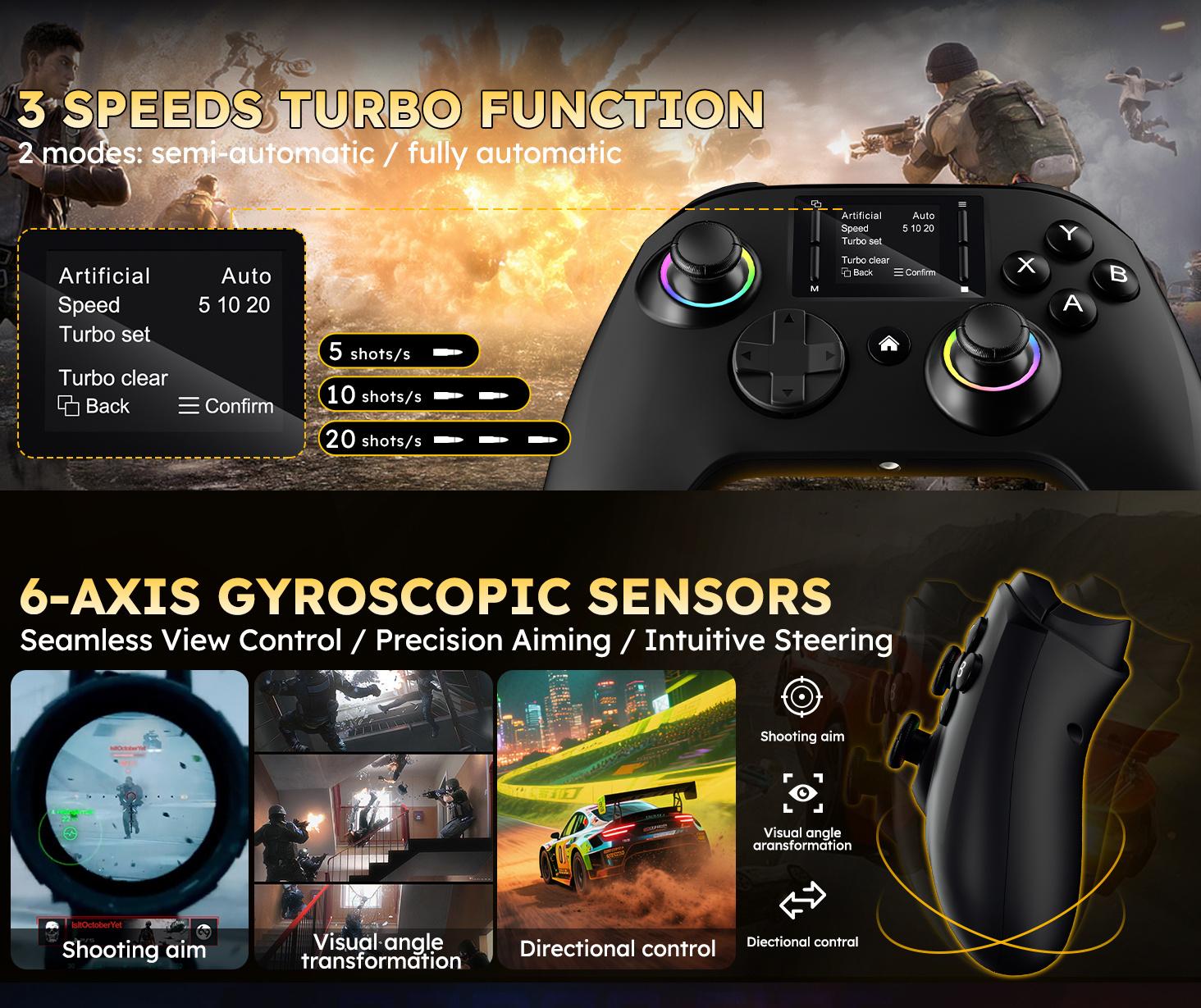 Gaming Controller with Visual Display Screen, 1000mAh Battery, Hall Effect Anti-Drift Joysticks, 4 Back Buttons, Turbo Mode, RGB Lighting, Dual Vibration & Gyro, Compatible with PC/PS4/Switch/iOS/Android, No App Needed