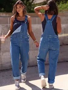 Women's Blue Denim Bib Pants, Loose Fit Fashionable One-Piece Jumpsuit, All-Season Outdoor Wear, Comfortable No Stretch Design