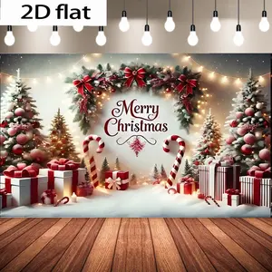 1pc festive Christmas background banner with decorative red lettering "Merry Christmas", garland, decorated Christmas tree with ornaments and lights, gift, suitable for holiday home decoration, party background, Christmas photo props, Wall Decor Banner