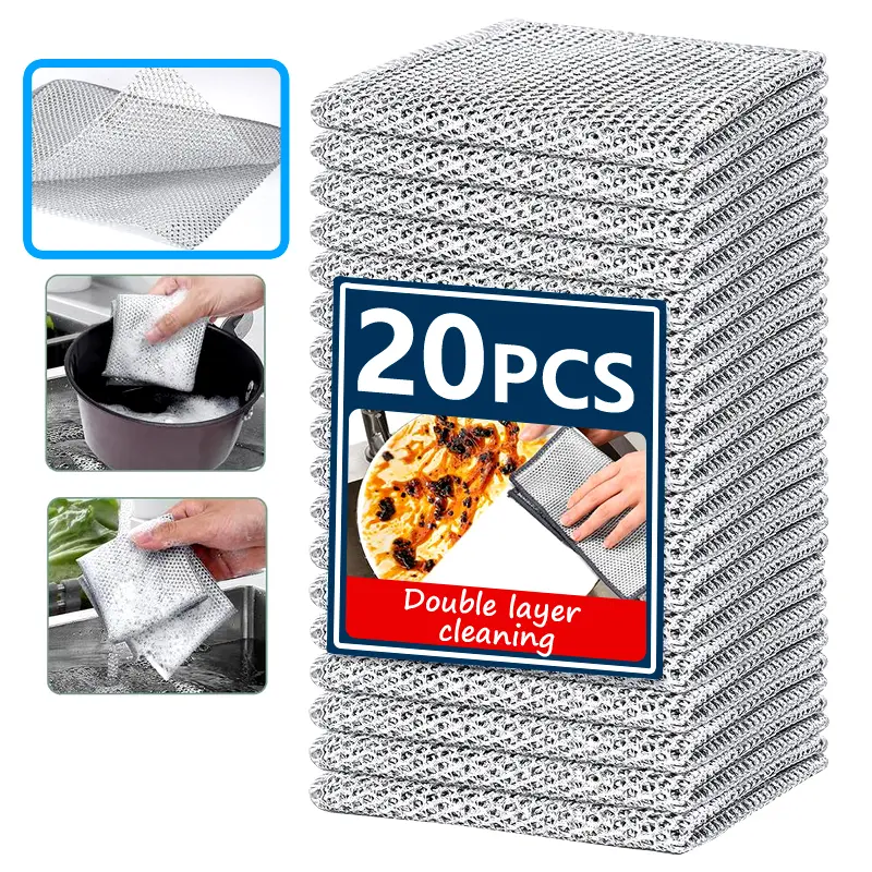 Reusable single-layer and double-layer dishwashing cloths, detachable silver steel wire cleaning cloths for kitchens, sinks, and cookware, multifunctional seamless steel wire cloths suitable for both wet and dry use, washable and versatile