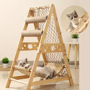 Wooden Cat Tree With 2 Scratching Posts, Summer Cat Bed, Indoor Multi-cat Castle Tower With Climbing Net Toys.