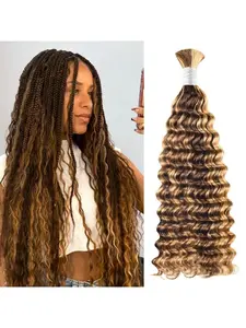 Honey Blonde Ombre Braiding Hair 4/27 Human Curly Hair for Boho Braids, Deep Wave Braiding Hair 16 Inch  for Bohemian Styles, 16 Inches Long