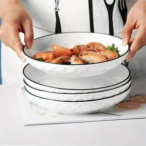 4-Piece Diamond Pattern Ceramic Salad Plates, 8-Inch Rice Bowl, 7-Inch Round Dish, Multi-Functional Tableware Set, Durable, All-Season Dining Accessories