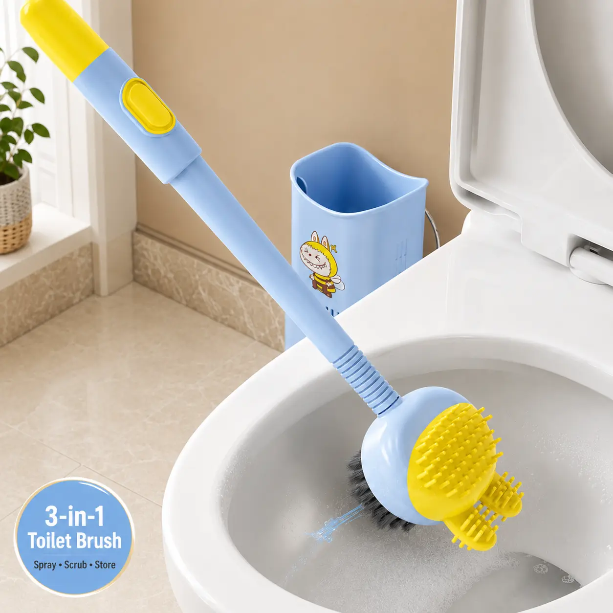 3-in-1 Refillable Toilet Brush with Cleaner Dispenser - Press-to-Spray Scrubber, Flexible Handle, Suction Cup & Wall Mount Holder for Toilet Maintenance (Bathroom Supplies), Cleaning Toilets