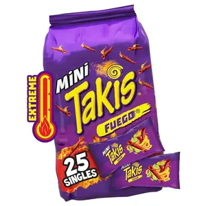 Takis Fuego Mini 25 pc / 1.23 oz Bite Size Multipack, Hot Chili Pepper & Lime Flavored Extreme Spicy Rolled Tortilla Chips