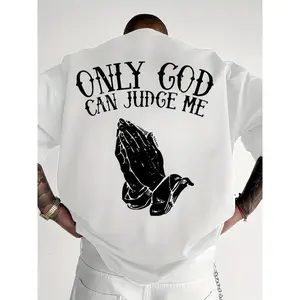 Men'S "Only God Can Judge Me" Graphic T-Shirt - Casual Crew Neck,Loose Fit, Short Sleeve Top, Polyester, Beige with Praying Hands Design,Cotton Fabric classic  rock  tee moon  rocks macco