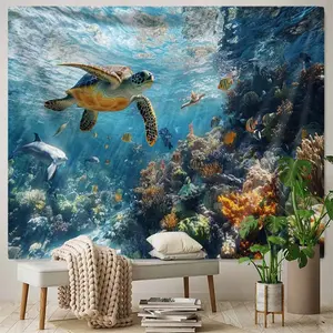 1pc Oceanic Tapestry - Underwater Sea Turtle and Coral Reef Wall Hanging - Indoor Living Room Decor, Knit Polyester Fabric, Brushed Finish, No Electricity Needed, Ideal for Party & Home Decoration