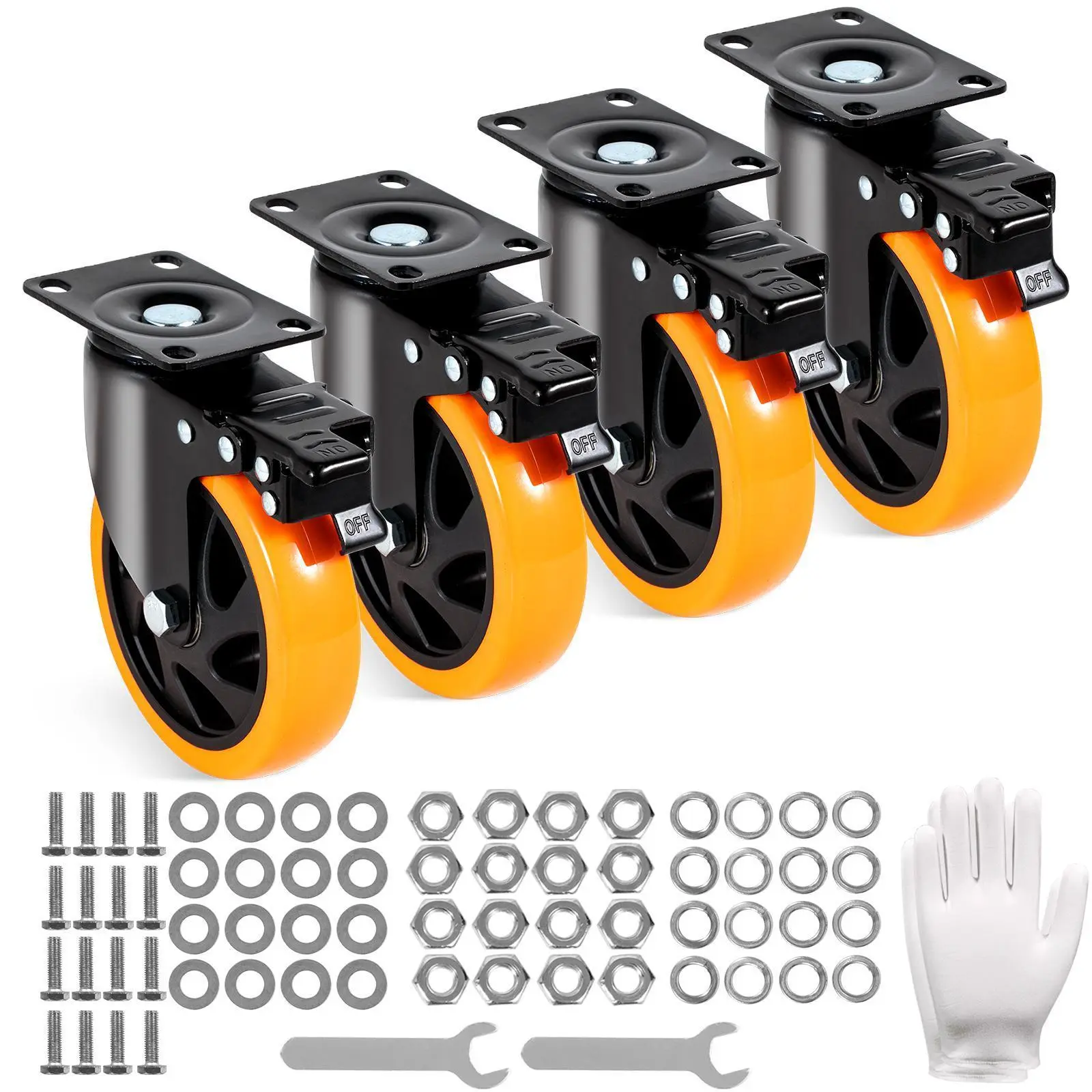 VEVOR Swivel Plate Caster Wheels Set of 4, 5-in Inch Size, Heavy Duty 450 lbs Load Capacity Per Caster, No-Noise Non-Marking PVC Wheels with Security A/B Locking Lever, for Carts Furniture Workbenches#SohoChic