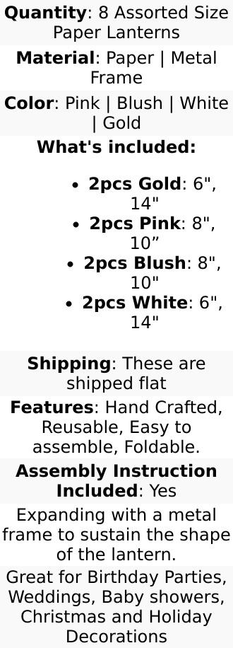 Set of 8 Mixed Blush Gold Hanging Paper Lanterns, Decorative Round Chinese Sky Lanterns, Assorted Sizes - 6",8",10",14"