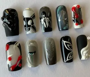 Bleach Ulquiorra Nails, Dark anime-inspired set, black, white, and grey tones featuring Ulquiorra’s face, hollow mask, number 4,green eye