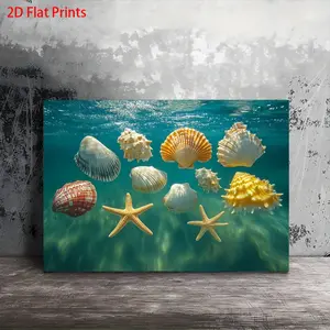 2D Flat Sheet Colorful Conch and Starfish Underwater Canvas Painting| Wooden picture frame, ready to hang, perfect for living room, bedroom, kitchen, home decor, artistic decoration and classic style, ideal choice for Halloween and Christmas gifts
