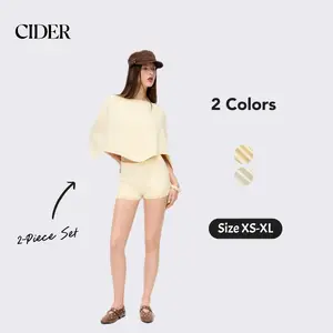 Cider 2-Piece Set Knit Boat Neck Cloak Top & Lettuce Trim Shorts Set Casual Womenswear