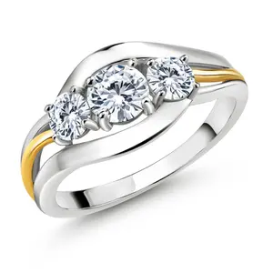 10K Yellow Gold & 925 Sterling Silver Round Gemstone Birthstone and White Moissanite 3-Stone Ring | Round 5MM and 4MM | Two-Tone Split-Shank Wedding Anniversary Promise for Women | Sizes 5-9