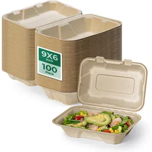 100 Pack 9x6 Compostable To Go  Containers, Disposable To Go Boxes for , Lunch Boxes, Clamshell Take Out Containers with ,  Biodegradable, -Free, Bagasse