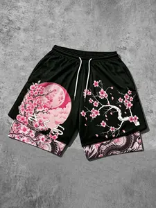 Japanese Cherry Blossom Print Two-Piece Mesh Gym Shorts, Colorblock Quick-Dry, Casual Loose-Fitting Graphic Shorts