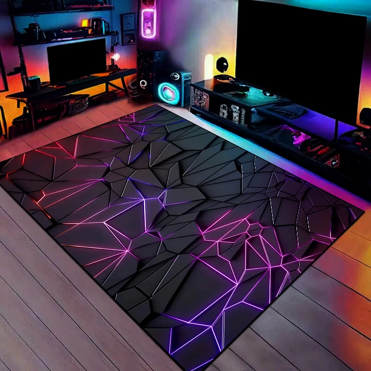 E-sports room decorative carpet, Modern geometric rug, Video Game Rug, Cyberpunk style gradient crack Geometric Pattern rug, Large swivel chair floor mat, Suitable for study rooms, living rooms, bedrooms, e-sports rooms, Indoor Rug