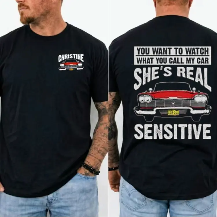 Christine Shes Real Sensitive Graphic Tee, 1958 Plymouth Fury Classic Muscle Car T-Shirt, Vintage Stephen King Horror Movie Automotive Apparel, Retro Red Auto Top Made in USA Gift Idea Fan Men Top.