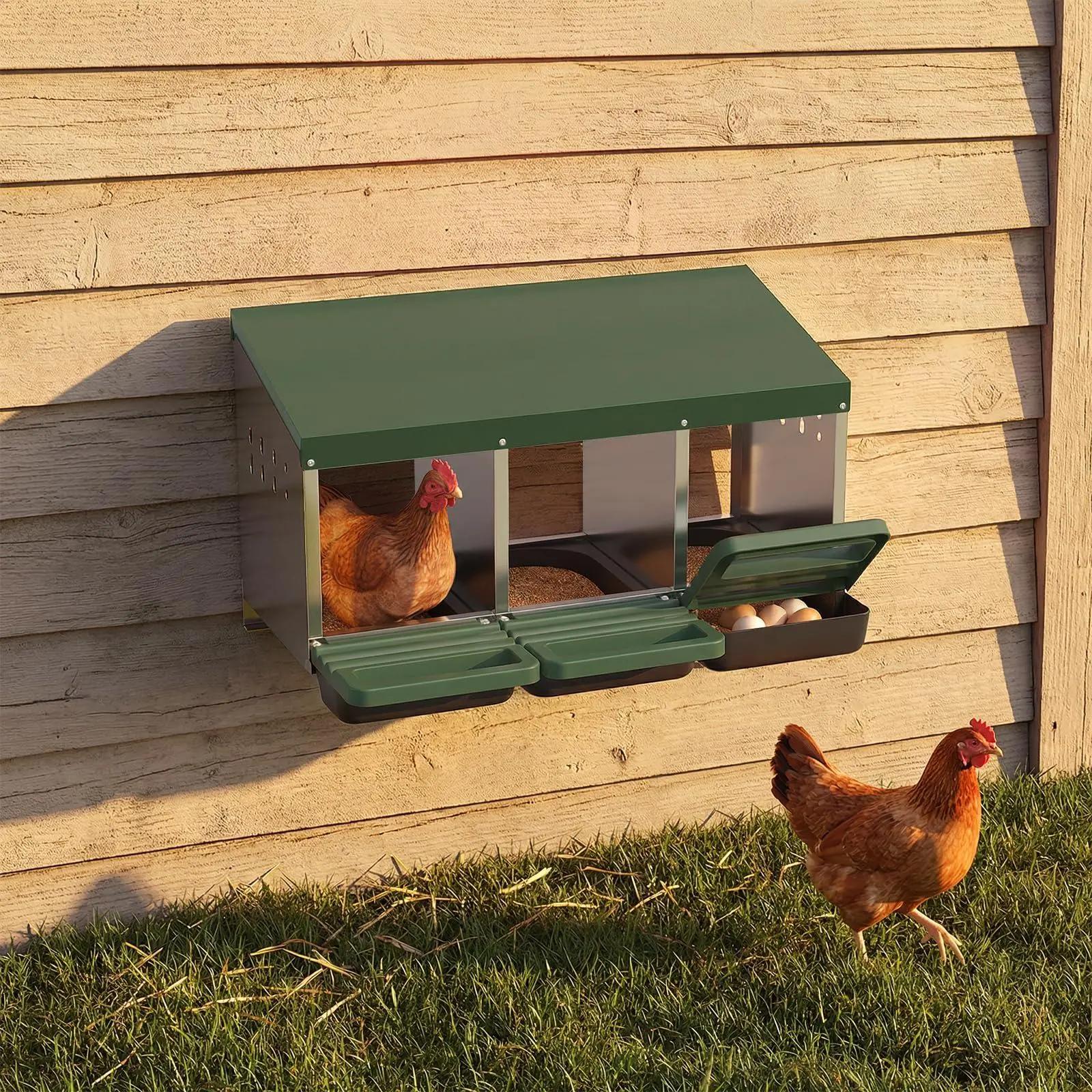 GARVEE Green 3-Hole Roll Away Chicken Nesting Box with Lid, Heavy-Duty Rustproof Galvanized Steel Design - Easy Egg Collection, Easy Clean, Wall-Mountable Without Bracket
