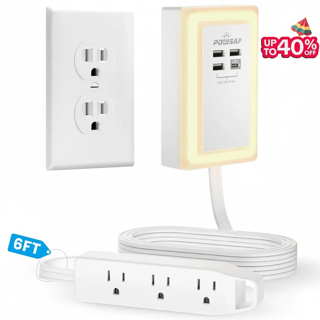 Flat Plug Power Extender For Outlet with 3 USB-A 1 USB-C & 3 AC Outlets Extendable For Kitchen, Couches, Desks, Nightstands, saft ey, multipurpose use, usb port socket summerwins