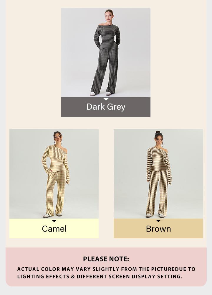 KatchMe Women's Versatile Sloping Shoulder Stripe Long Sleeve Top & Drawstring Waist Loose Trousers Co-ord, Comfort Basic Two Piece Outfits