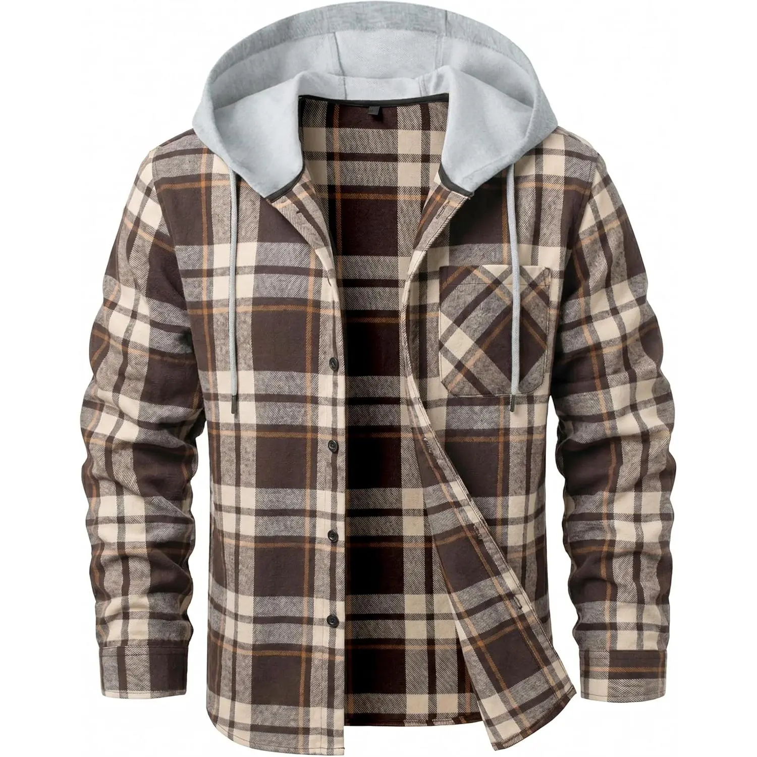 EKLENTSON Men's Flannel Plaid Hooded Sweatshirt - Long Sleeve, Lightweight Menswear Garment, Casual Button-Down with Pocket, Grey Fabric, Sweatshirts