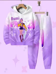 Girls' Sweet Cool Magic Set, 3D Stereo Hooded Sweatshirt, Casual All over Print Two-Piece, Long Sleeve, Spring & Fall