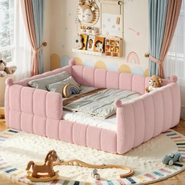 [Bellemave] Twin/ Full/Queen  Size Soft Upholstered Floor Bed, Montessori Floor Bed with Full Surround Safety Rails, Low to Ground Child Bed Frame for Boys Girls