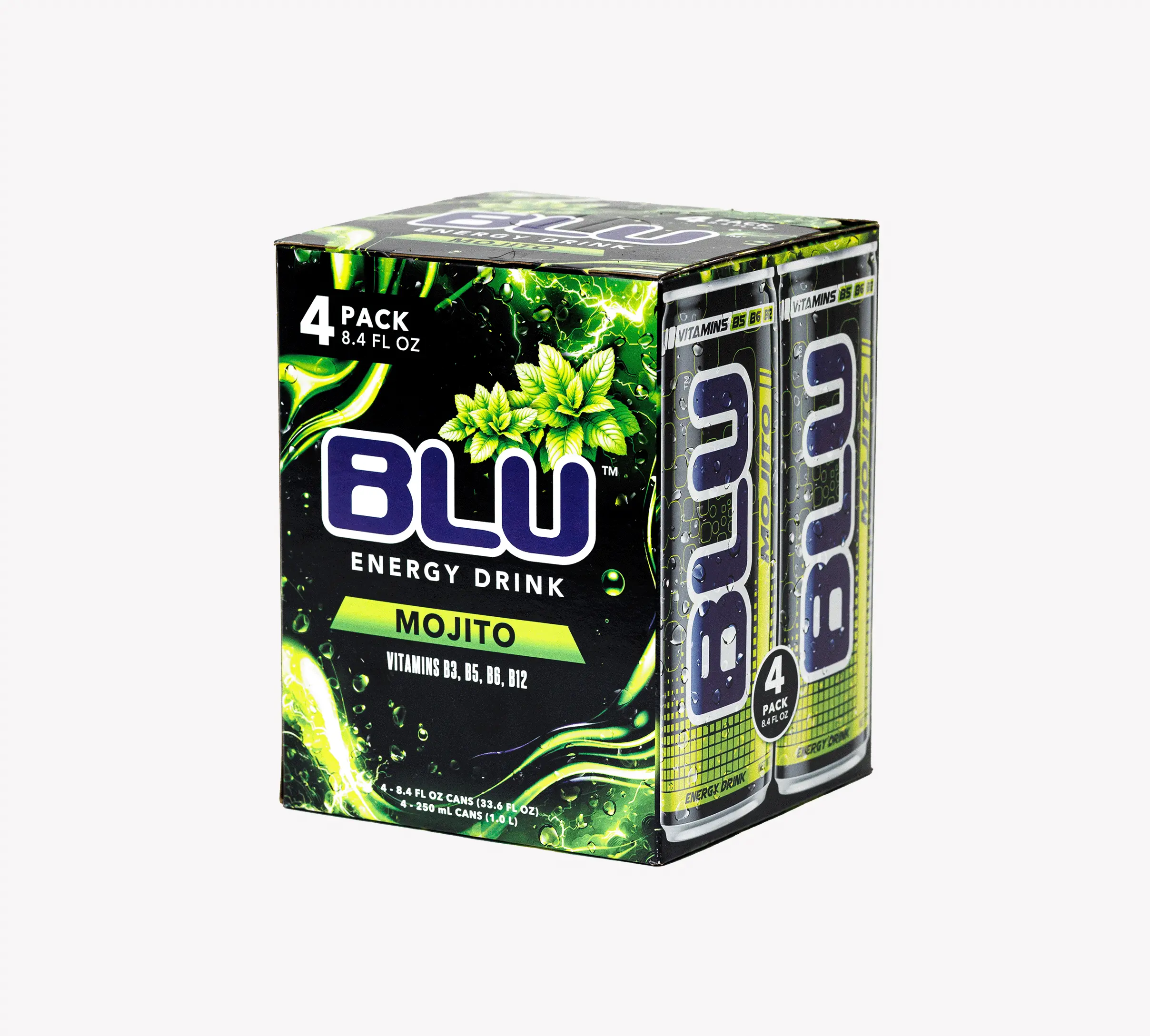 BLU Mojito 4-Pack Energy Drink - Smooth Refreshing with B Vitamins B3 B6 B12 for Focus & Energy - 8.4 fl oz - Clean Energy Beverage Flavor Sport