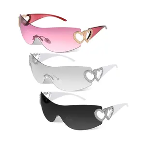 3 Pairs Rimless Y2K Heart Sunglasses for Women Men, Trendy Wrap Around Shield Clear White Heart Oversized Fashion Frameless Sunglasses, Unique and Futuristic Style Shades Star Design for Y2K Accessories Outfits