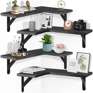 Corner Floating Shelves Set of 4,L-Shaped Wall Mounted Shelf,Rustic  Corner Shelvesfor Wall Storage and Decor,Wall Mounted  Shelves for Kitchen Living Room Bedroom,Black