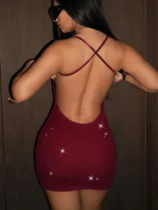 Women Spring Summer Outfits Rave Festival Sparkling Fashionable Sexy Backless Sparkly Rhinestone Fitted Mini Dress