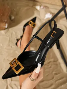 Women's Leather Pointed Toe Slingback Stiletto Heels with Metal Buckle, Elegant High Heels for Party, Date & Office, Trendy All-match Footwear for Women & Girls, Classic Chic Shoes, Metallic