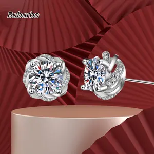 【Buburbo】4-Prong Windmill S925 Sterling Silver Stud Earrings - Round Lab-Created Moissanite with Halo Stones | Sparkly Gift for Women (Birthday/Mother’s Day/Christmas) | Wedding Daily Jewelry