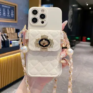 A cream-colored straight-edge - silver bead long chain cardholder cube anti-drop creatives phone case suitable for Apple 7, 8, 11, 12, 13, 14, 15, 16 Pro, Plus, Max, X, XR / Samsung / Redmi / VIVO / OPPO series phone cases