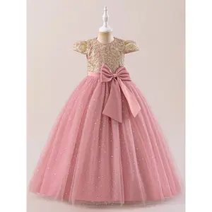 Girls Floral Sequin Glitter Party Dress with Bow Front Mesh Hem Elegant Sleeveless Sweater Dress Guest Kids Clothes Toddler Girl Formal Occasion Outfit