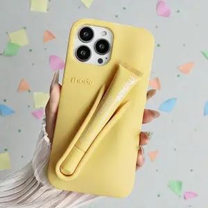 Luxury Rhode Hailey Beauty Phone Case with Lip Gloss Storage Slot for iPhone 11-17 Pro Max, Shockproof Silicone Cover