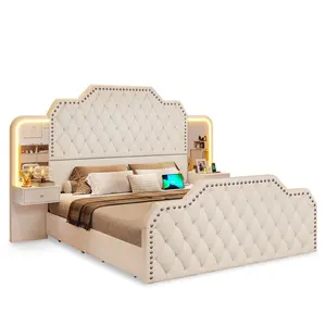 PU Leather Upholstered LED Bed Frame with 2 Nightstands White