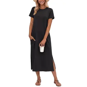 GRECERELLE Women's Short Sleeve Loose Fit Midi Long Dress - Wrinkle-Free Crewneck Split for Work Travel Casual Versatile