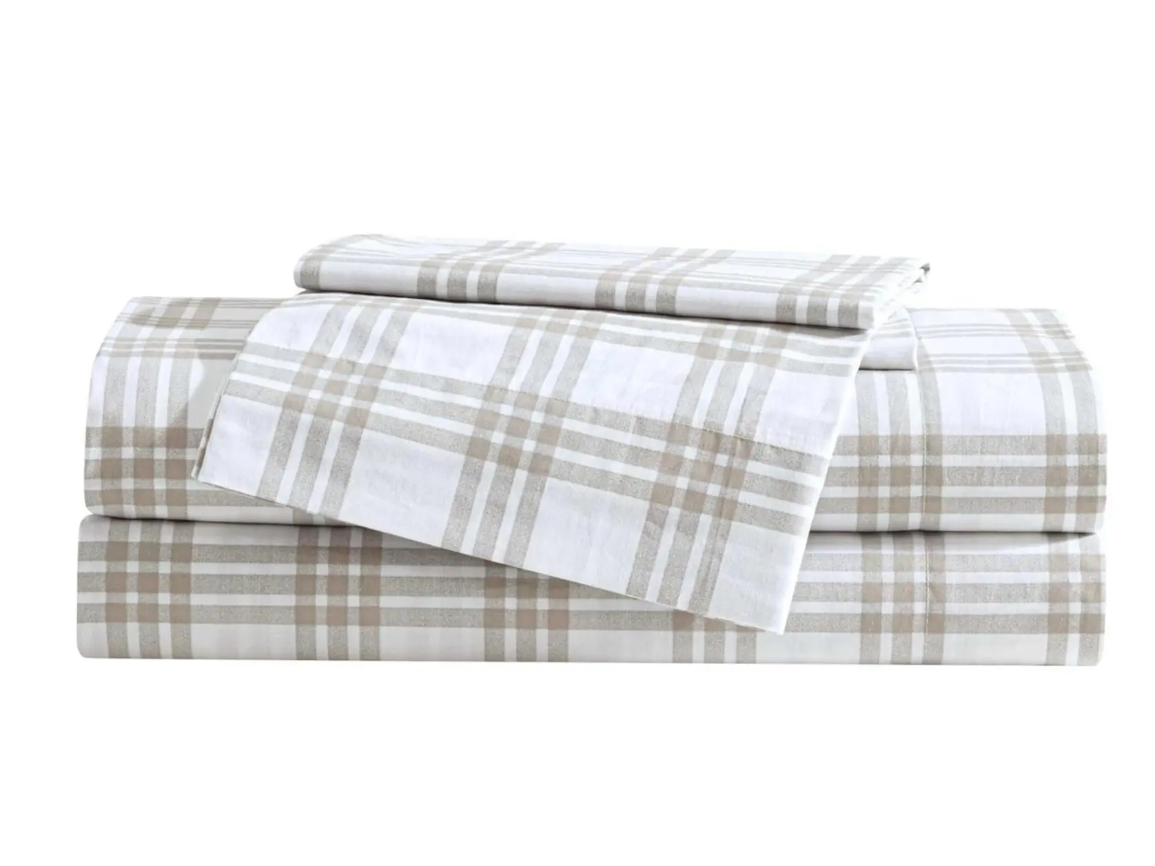 Eddie Bauer - Queen Sheet Set with Fitted Sheet & Pillowcases, 100% Cotton Percale Bedding, Crisp & Cool, Deep Pocket, Basic Plaid Beige