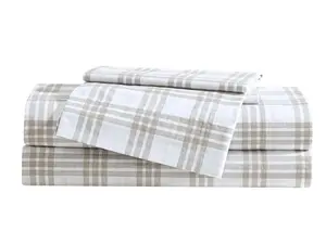 Eddie Bauer - Queen Sheet Set with Fitted Sheet & Pillowcases, 100% Cotton Percale Bedding, Crisp & Cool, Deep Pocket, Basic Plaid Beige