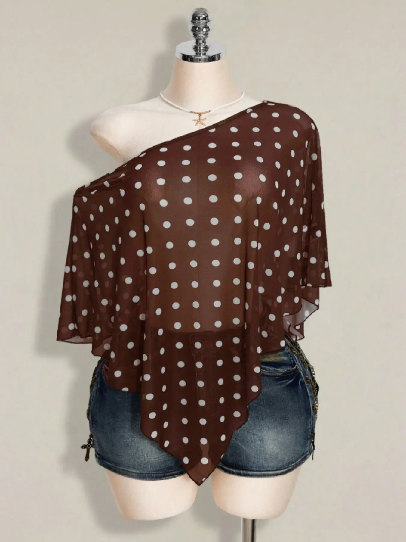 Plus Size New European Style Polka Dot Asymmetrical Shoulder Chiffon Top, Loose Fit Sheer Lightweight Breathable Transparent Blouse, Versatile Slimming Casual Basic Chic Fashion, Airflow Top