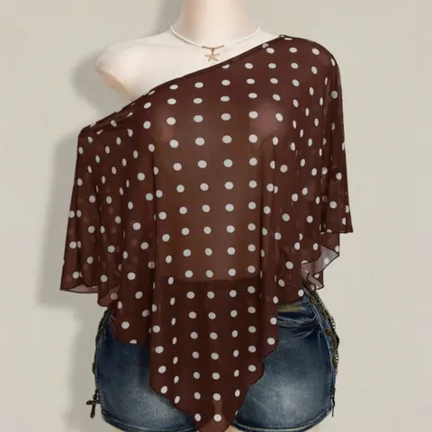 Plus Size New European Style Polka Dot Asymmetrical Shoulder Chiffon Top, Loose Fit Sheer Lightweight Breathable Transparent Blouse, Versatile Slimming Casual Basic Chic Fashion, Airflow Top, Casual Wear Top