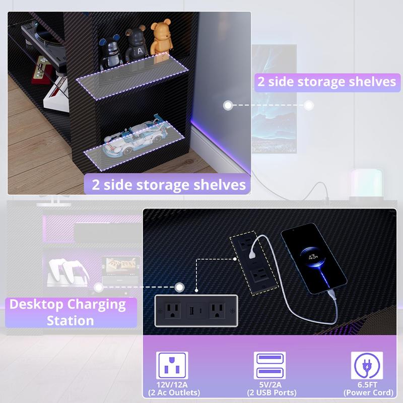 IRONCK Entertainment Center with Storage, Tall TV Stand W/Power Outlet, LED Gaming TV Cabinet for PS5, Black TV Stand with Carbon Fiber