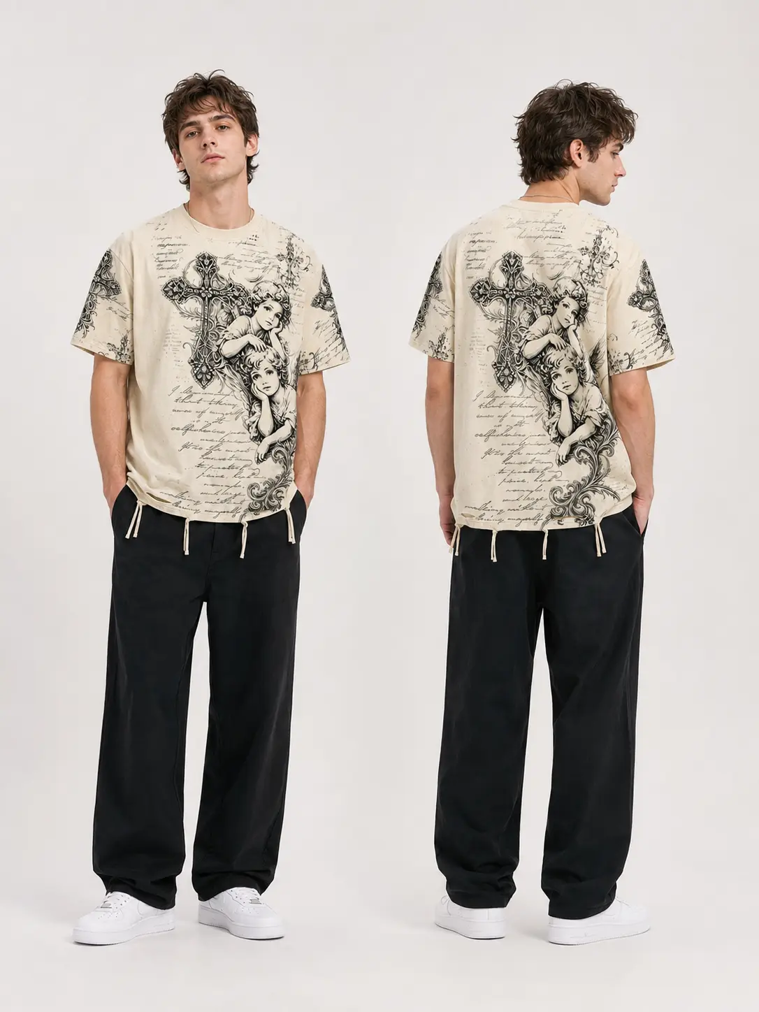 Men's Cherub Angel Cross Graphic T-Shirt, Oversized Vintage Cream Front and Back Print Tee, Gothic Baroque Streetwear Top