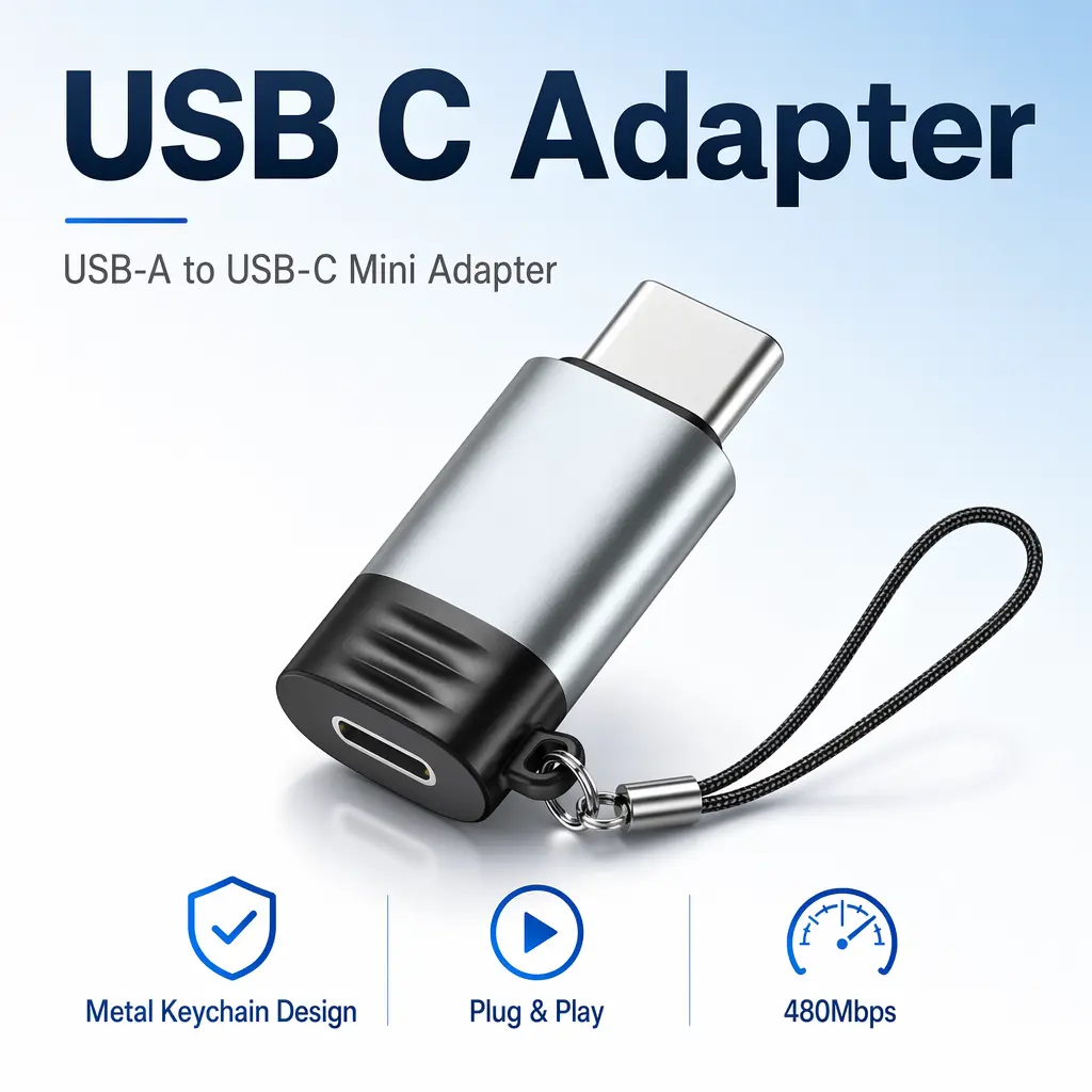 USB C Adapter, USB to Type C Adapter 480Mbps Data Transfer Fast Charging Metal Keychain Adapter for iPhone Samsung iPad Laptop